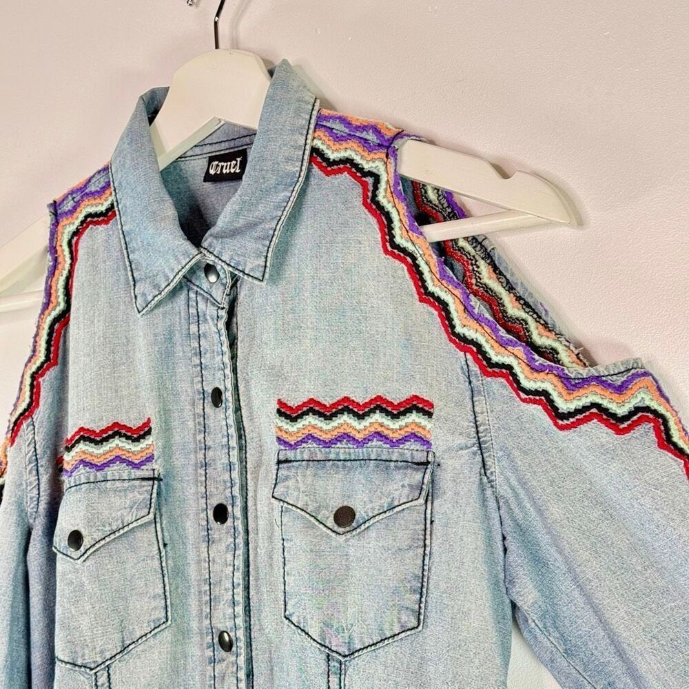 Cruel Denim Cold Shoulder Embroidered Western Long Sleeve Button Down Shirt - US